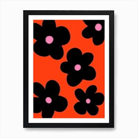 Black And Pink And Orange Large Funky Flowers Art Print