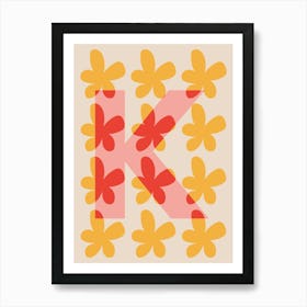 Alphabet Flower Letter K Print - Pink, Yellow, Red Art Print