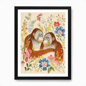 Folksy Floral Animal Drawing Orangutan Art Print