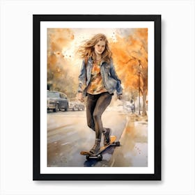 Girl Skateboarding In Montreal, Canada Watercolour 3 Art Print