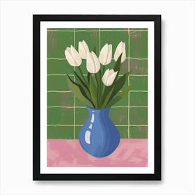 White Tulips In A Blue Vase Art Print