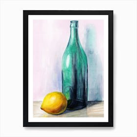 Lemon And A Green Bottle kitchen art still life hand painted painting watercolor yellow calm soothing  Art Print