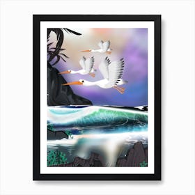 White Storks Flying Over The Ocean Art Print