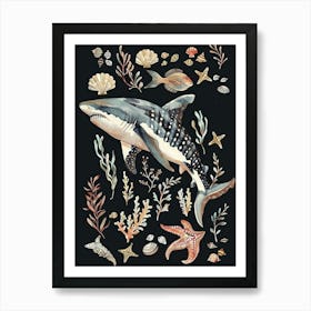 Angel Shark Seascape Black Background Illustration 3 Art Print