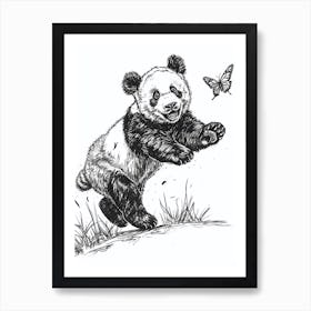 Giant Panda Cub Chasing After A Butterfly Ink Illustration 4 Art Print