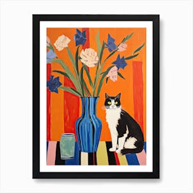 Irises Flower Vase And A Cat, A Painting In The Style Of Matisse 0 Art Print