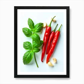 Red Chili Peppers And Basil Art Print