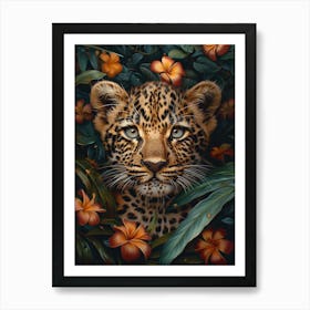 A Happy Front faced Leopard Cub In Tropical Flowers 12 Art Print