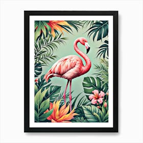 Vintage Style Flamingo Surrounded By Tropical Leaves, Retro Vibes Art Print