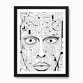Geometric Face Black & White Line Drawing 1 Art Print
