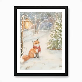 Fox In The Snow. Watercolor Christmas Illustration for Kids Room. Nursery Art Print