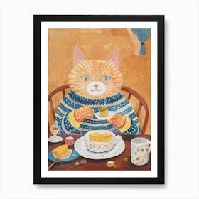 Brown Cat Having Breakfast Folk Illustration 1 Art Print