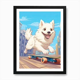 American Eskimo Dog Skateboarding Illustration 1 Art Print