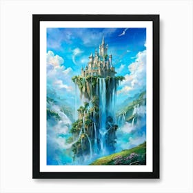 Capture A Watercolor Fantasy Of A Whimsical Castle Perched Delicately Atop Floating Islands Cascadi Art Print