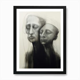 Two Spooky Faces Ink Drawing 1 Art Print