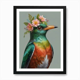 Kingfisher With Flower Crown European Robin Art Print