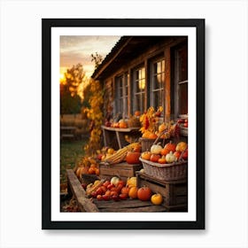 An Inviting Rustic Farm With Vegetables Like Corn Pumpkins Squash Elegantly Arranged In A Wooden B (1) Art Print