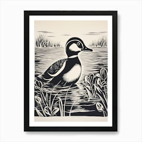 B&W Bird Linocut Bufflehead 2 Art Print