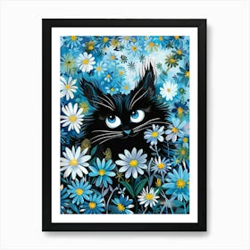 Black Cat In Daisies 2 Art Print