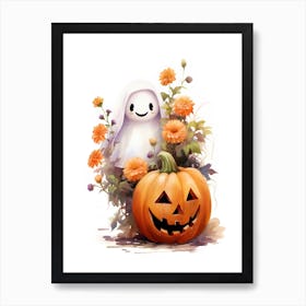 Cute Ghost With Pumpkins Halloween Watercolour 17 Poster