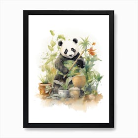 Panda Art Gardening Watercolour 3 Art Print