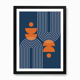 Modern Mid Century Sun, Moon Phases and Rainbow Abstract 29 in Navy Blue and Burnt Orange Art Print