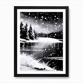 Snowflakes Falling By A Lake, Snowflakes, Black & White 4 Art Print