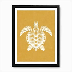 Vintage Sea Turtle Silhouette On Mustard Linen Texture Poster