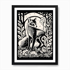 Linocut Fox Illustration Black 13 Art Print