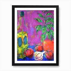 Oil, Tomatoes, Garlic And Basil Plant Art Print