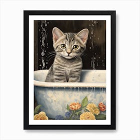 Egyptian Mau Cat In Bathtub Botanical Bathroom 2 Art Print