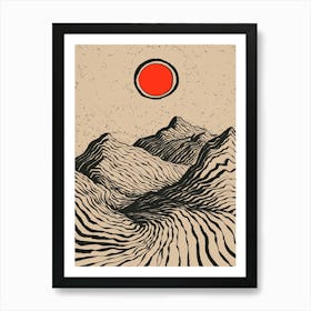 A minimalist pen and ink drawing of a mountainous 3 Art Print