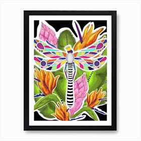 Colorful mosaic Dragonfly on tropical flowers Art Print