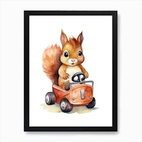 Baby Squirrel On A Toy Car, Watercolour Nursery 1 Art Print