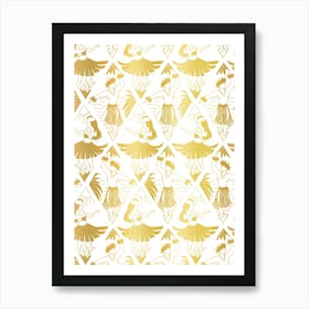 Hawaiian Hula Polynesian Dancers Rhombus Damask Faux Gold White Art Print