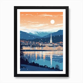 Winter Travel Night Illustration Geneva Switzerland 2 Art Print