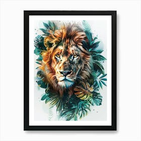 Double Exposure Realistic Lion With Jungle 30 Art Print