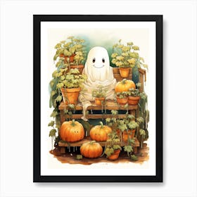 Cute Bedsheet Ghost, Botanical Halloween Watercolour 65 Art Print
