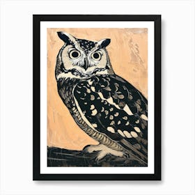 Collared Scops Owl Linocut Blockprint 2 Art Print