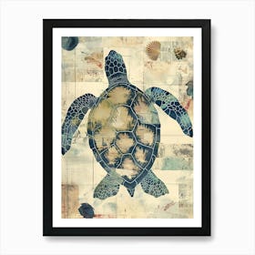 Sea Turtle Wallpaper Style Blue & Beige 2 Art Print