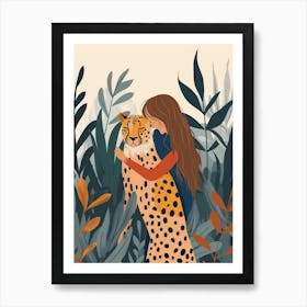 Girl Hugging Cheetah Art Print