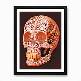 Skull With Intricate Linework 3 Orange Line Drawing Art Print