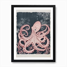 Linocut Inspired Navy Red Octopus With Coral 3 Art Print
