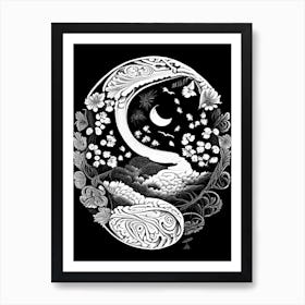 Black And White Abstacr Yin and Yang Linocut Art Print