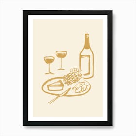 Wine and Cheese Aperitif Kitchen Illustration - Beige Art Print