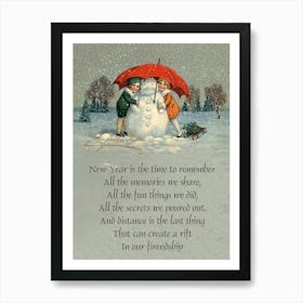 Two Girls And A Snowman Under Umbrella, With Holiday Quotes Art Print