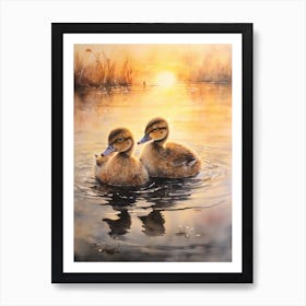 Ducks Swimming In The Lake At Sunset Watercolour 1 Art Print