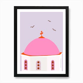 Santorini Travel Greece Pink And Pastel Purple Art Print