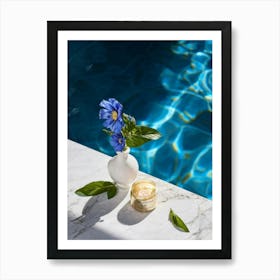 Still Life Composition Of A Vibrant Blue Blossom Symbolizing Relaxation And Beauty Nestled On Fres (1) Art Print