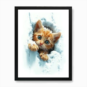 Cute Kitten Cat Peeking From Snow 2 Art Print